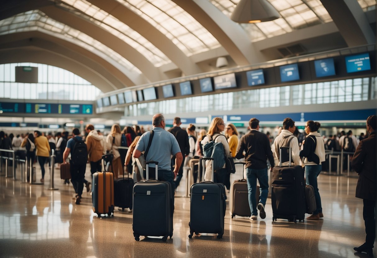 Airport and Aviation Sri Lanka - A bustling airport terminal with people waiting in line, luggage carts, and airplanes on the tarmac