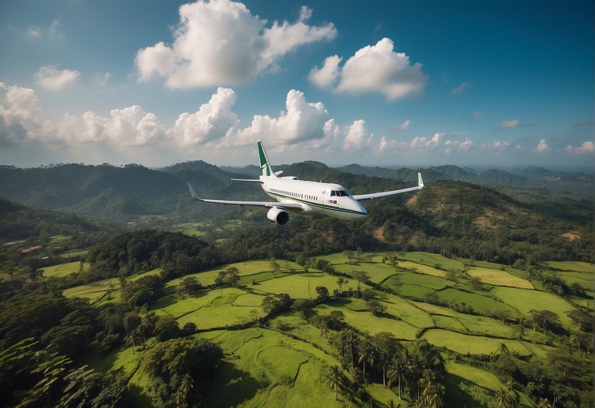 Aviation Schools in Sri Lanka - An airplane flying over the lush green landscape of Sri Lanka, with a prominent aviation school building in the background