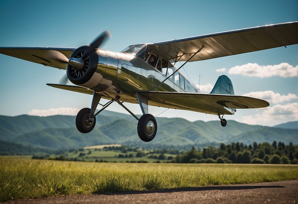 A vintage airplane takes off from an old runway, with a backdrop of lush green hills and a bright blue sky